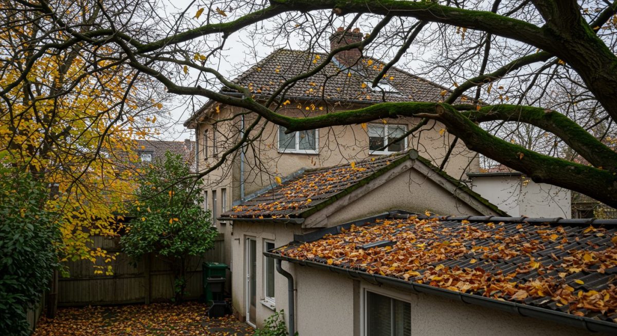 都会の住宅街にある一軒家の裏庭。隣家の大きな木の枝が境界フェンスを越えて、購入者の敷地に覆いかぶさっている。木の葉が雨どいに詰まっている様子や、外壁に苔がうっすらと生えている様子が見える。秋口で落ち葉が地面に多く積もっている。空は曇天。